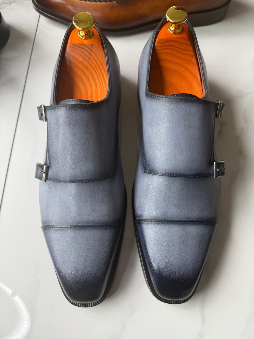 Men's Double Monk Strap Leather Oxfords - Blue Gradient